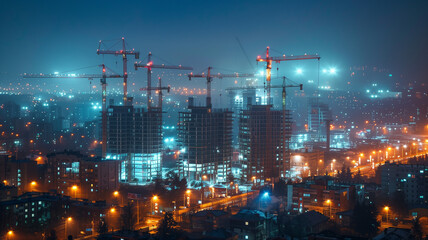 A city skyline at night with many tall buildings and construction cranes - obrazy, fototapety, plakaty