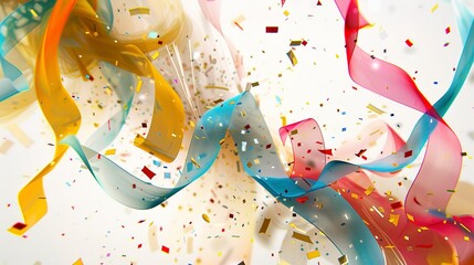 Dynamic abstract ribbons and confetti in flight, in a palette of celebration, symbolizing jubilation. 
