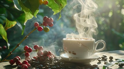 Cup of coffee with smoke and coffee beans on coffee tree background