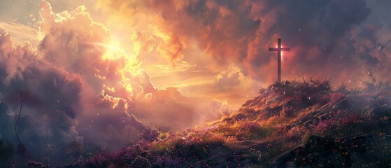 Symbol of salvation on a knoll, serenaded by divine light - obrazy, fototapety, plakaty