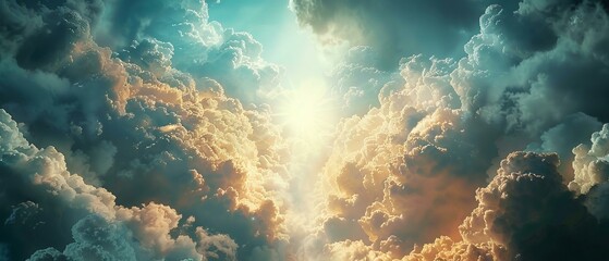 Symbol of faith on high, ethereal light among tumultuous clouds - obrazy, fototapety, plakaty