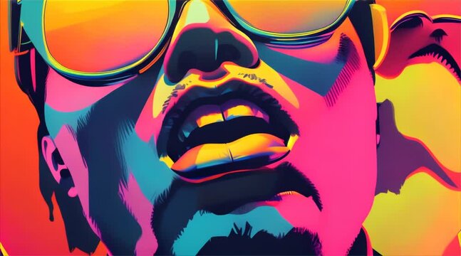 A bold close-up illustration of a face in pop art style with vibrant pink and yellow hues, featuring oversized sunglasses.
