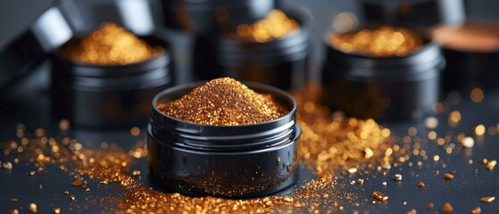 Sophisticated makeup arrangement, black containers, gold dust