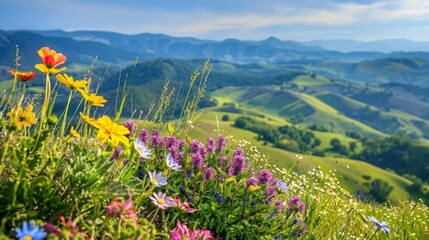Obraz premium A burst of bright and cheerful wildflowers sit atop the podium against a backdrop of rolling green hills and a crystalclear sky radiating . .