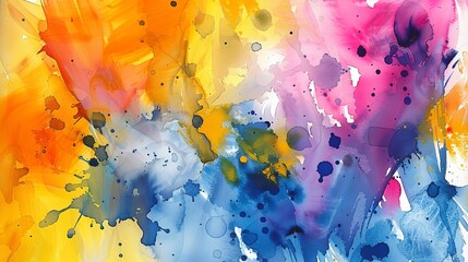 Abstract watercolor splashes, bright and cheerful, evoking spontaneous joy and fun. 