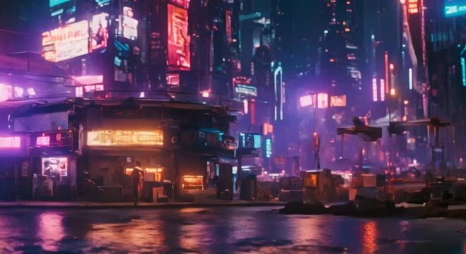 3D view of a modern city with a cyberpunk theme