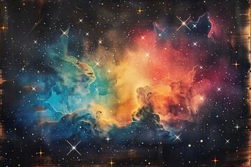 A painting of a colorful galaxy with stars and a bright yellow cloud