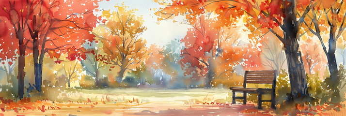 A painting of a park with a bench and trees in autumn