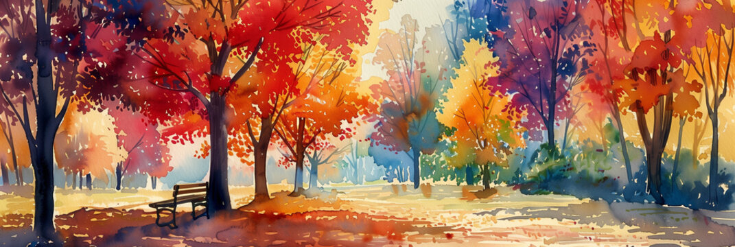 A painting of a park with a bench and trees in autumn colors