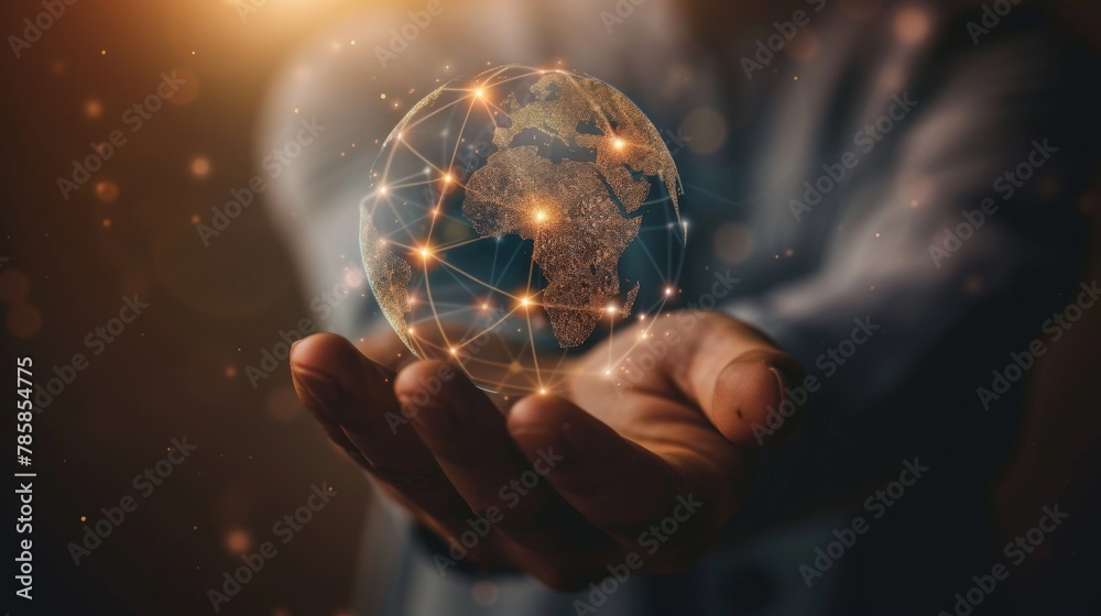 Aufkleber man Hand holding virtual Global Internet connection metaverse. Business global internet connection application technology and digital marketing, Financial and banking,