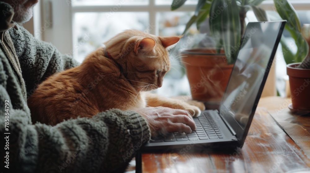 Aufkleber Man working online from home with pet using laptop. Ginger cat touching screen with paw playing with image or videos on computer.