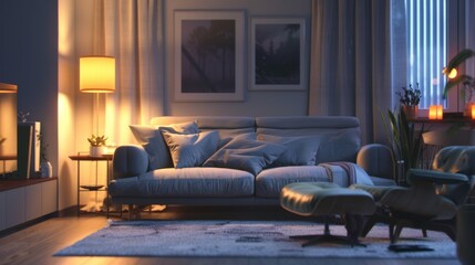 Fototapeta premium Interior of living room with cozy grey sofa, armchair and glowing lamps