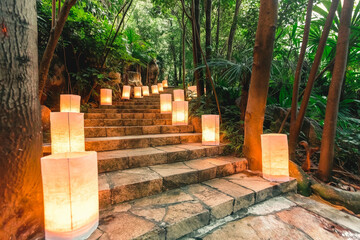 stone walkway in the resort with the lamp put on the way, resort with the nature in forest,