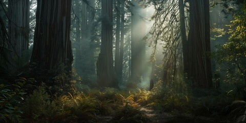 sunlight shining trees forest tall still entertainment stunning large format misty garden scene giant sequoia illuminated features guardians galaxy