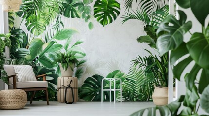 Large vibrant leaves sprout from the plants reaching towards the ceiling and adding a touch of life to the room. . - obrazy, fototapety, plakaty