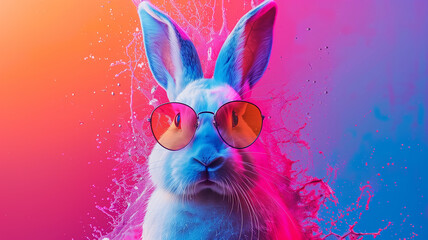 A rabbit wearing sunglasses is the main focus of the image - obrazy, fototapety, plakaty