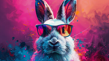 A rabbit wearing sunglasses and a hat is the main subject of the image - obrazy, fototapety, plakaty