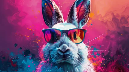 Foto op Plexiglas A rabbit wearing sunglasses and a hat is the main subject of the image © CtrlN