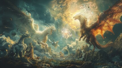 Title: Celestial Gathering of Mythological Creatures - obrazy, fototapety, plakaty