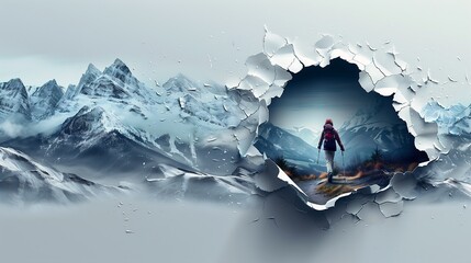 man standing mountain looking out hole shattered wall white paper background containing hidden portal girl alps human body breaking away traveler - obrazy, fototapety, plakaty
