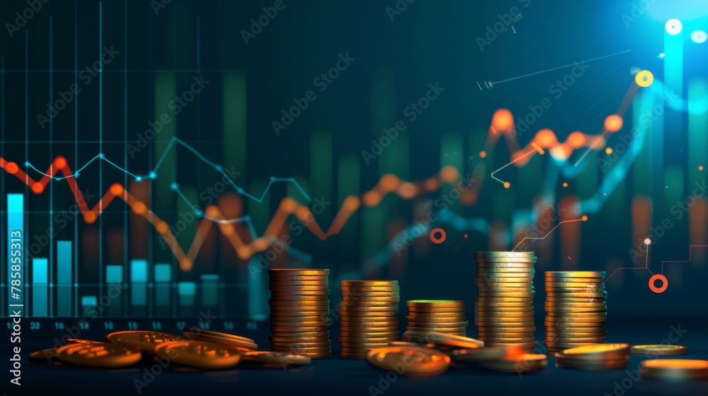 Poster stock funding or money saving graph with coins. background for business ideas and design. chart for 