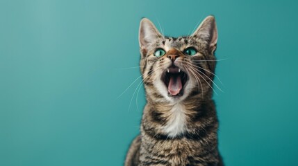 studio headshot portrait of domestic cat with mouth open against a teal background - obrazy, fototapety, plakaty