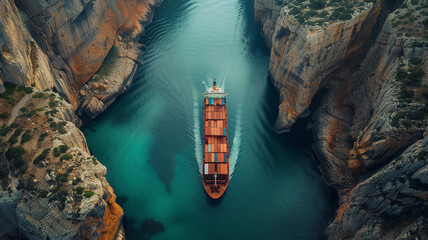 A large ship is sailing through a narrow body of water - obrazy, fototapety, plakaty