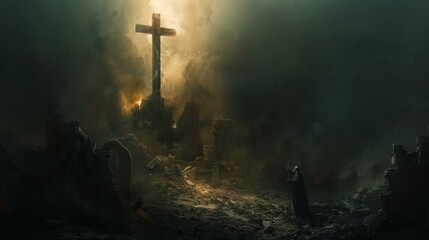 Golgotha's cross stands resilient, amidst the dance of light and dark - obrazy, fototapety, plakaty