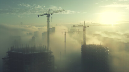 Foggy city skyline with two cranes in the background