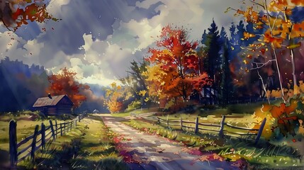 country road barn fence amazing wind blowing leaves drawing gloomy weather breathtaking color daylight stunning illustration - obrazy, fototapety, plakaty