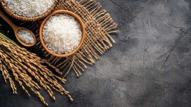 White rice (Thai Jasmine rice) in ceramic bowl and wooden spoon with ear of paddy on threshing basket, top view with copy space