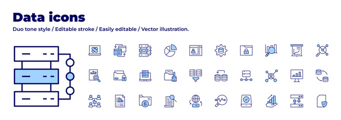 Data icons collection. Duo tone style. Editable stroke, data storage, data encryption, data analysis, shared folder, discovery, data security, stats, data cleaning.