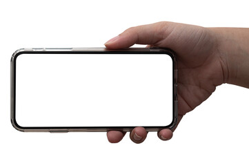 The male hand holding phone is isolated on a white background and isolated screen.