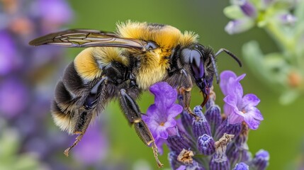 Macro image of a bumblebee on a lavender flower