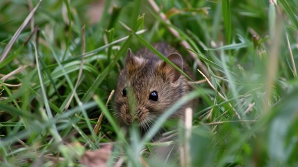 Naklejka na ściany i meble Detailed shot of a field mouse hiding in tall grass