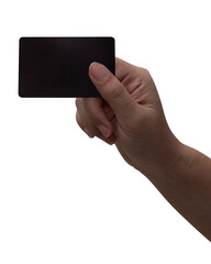The man's hand holds a black card isolated on white background.