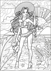 Coloring page with young beautiful woman wearing swimsuit on vacation on beach against seascape. Summer background, travel concept, line art.