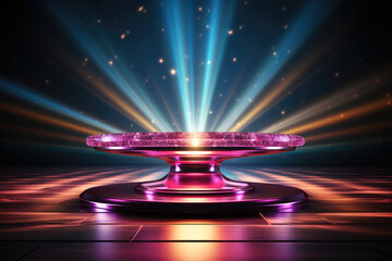 A stage with smoke and lighting effects, surrounded by clouds in the center of which is an empty circular dance floor. Created with Ai