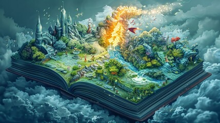 Isometric sketch of a fantasy book world coming to life, characters stepping off pages, magical and dynamic - obrazy, fototapety, plakaty