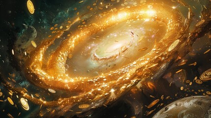 Novel cover depicting a galaxy made of gold coins, symbolizing the wealth of interstellar civilizations, mystical and alluring - obrazy, fototapety, plakaty