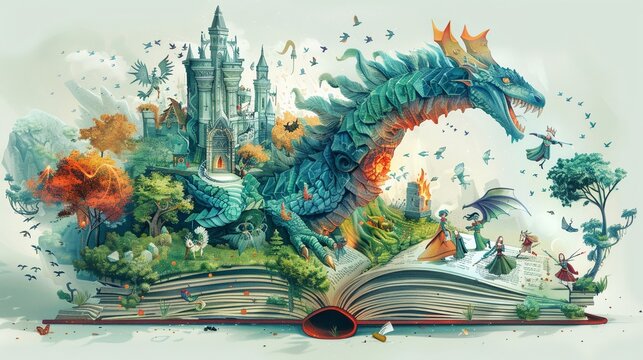 Isometric sketch of a fantasy book world coming to life, characters stepping off pages, magical and dynamic