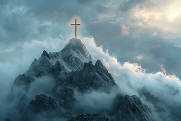 Cross on rugged peak, divine light piercing through clouds