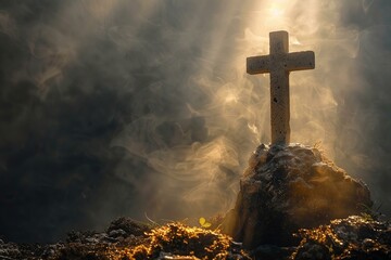 Cross on a solemn mount, kissed by the hallowed sun rays - obrazy, fototapety, plakaty