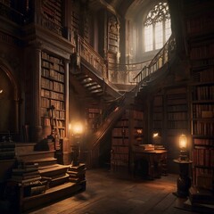 Step into a mystical castle's library, where ancient tomes line towering shelves, illuminated by soft lantern light.
 - obrazy, fototapety, plakaty
