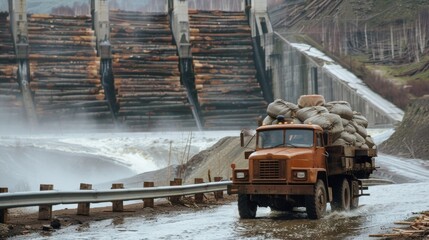 A large hydroelectric dam looms in the background as a truck carrying bags of chopped wood drives towards a nearby biofuel plant. The power of moving water is used to grind the wood .