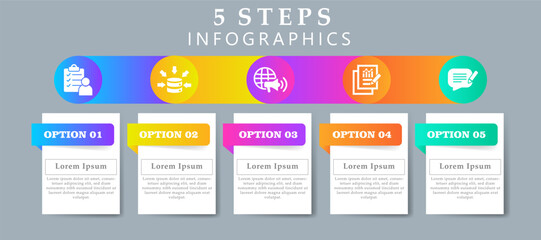 Steps infographics design layout template including icons of survey, data collection, marketing, results and feedback. Creative presentation with 5 options concept.
