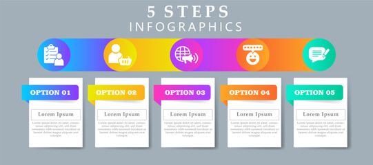 Steps infographics design layout template including icons of survey, customer, marketing, customer satisfaction and feedback.  Creative presentation with 5 options concept.