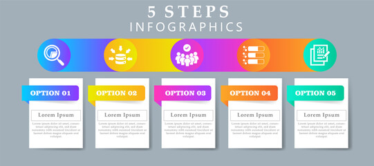 Steps infographics design layout template including icons of research, data collection, participant, polling and result. Creative presentation with 5 options concept.