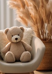Serene teddy bear seated on a modern chair in a softly lit room at twilight