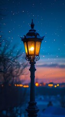 streetlight lit snow romanticist nostalgia one single gas lamp butterfly lighting end day light space